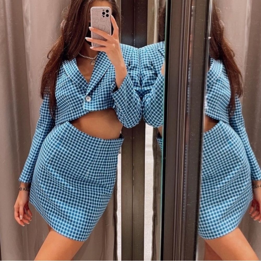 ZARA BLAZER CHECKED CROPPED LAPEL COLLAR Blue, black and white size XS